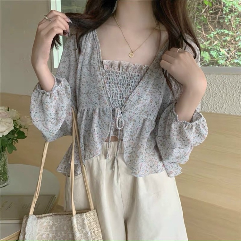 Set áo hay dây nhún thân áo khoác ngoài voan chifon cực xinh Ulzzang style Hàng Quảng Châu