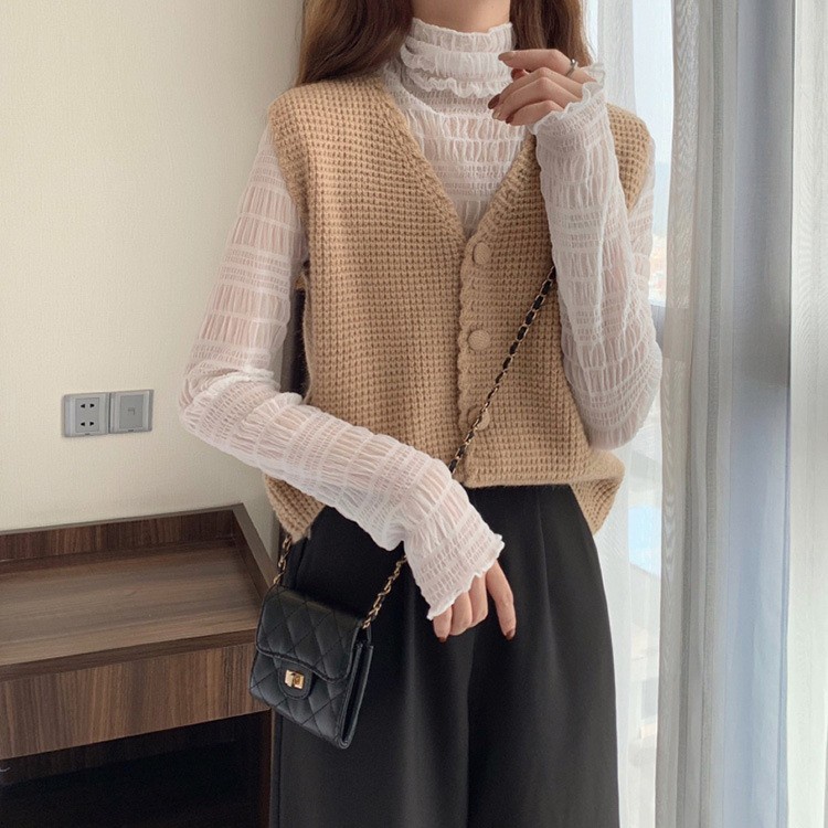 Áo gile nữ len mỏng cổ tim  2 màu be ,nâu chất đẹp  thời trang thu đông phong cách hàn quốc 2021_Yohamy officialstore