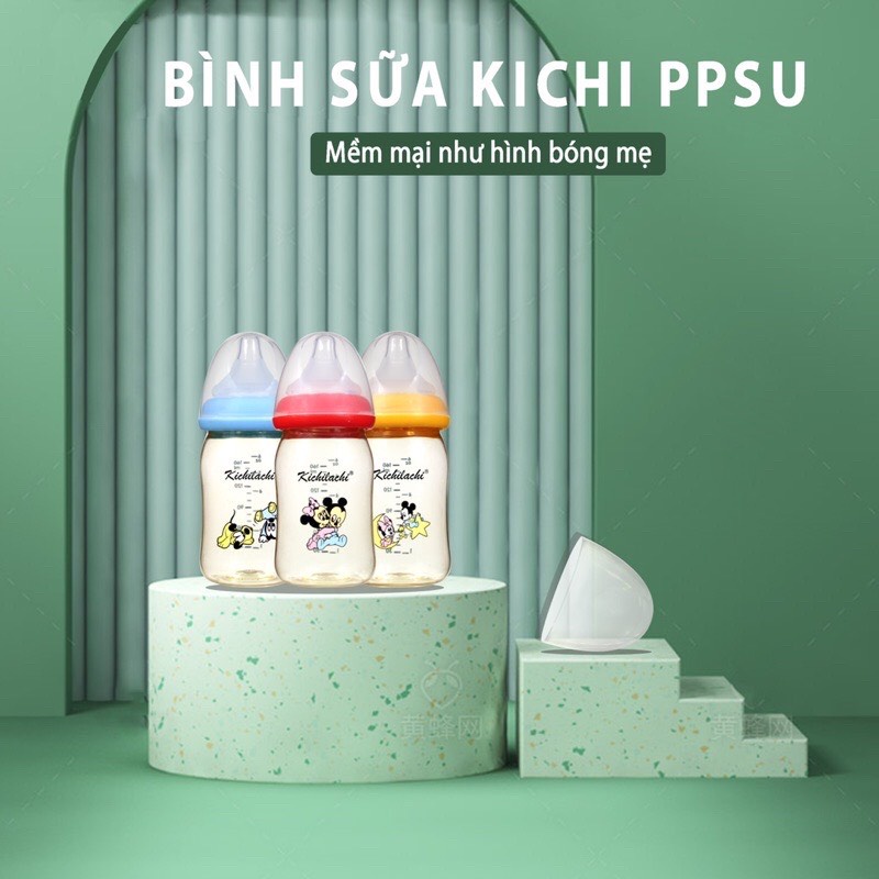 Bình sữa cổ rộng Kichilachi PPSU Plus hình Mickey 160ml/240ml núm ty siêu mềm