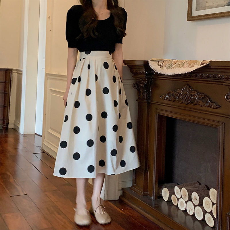 Váy cạp cao Váy dài chấm bi đen Đơn giản Đa năng Thời trang đơn giản Quần áo nữ