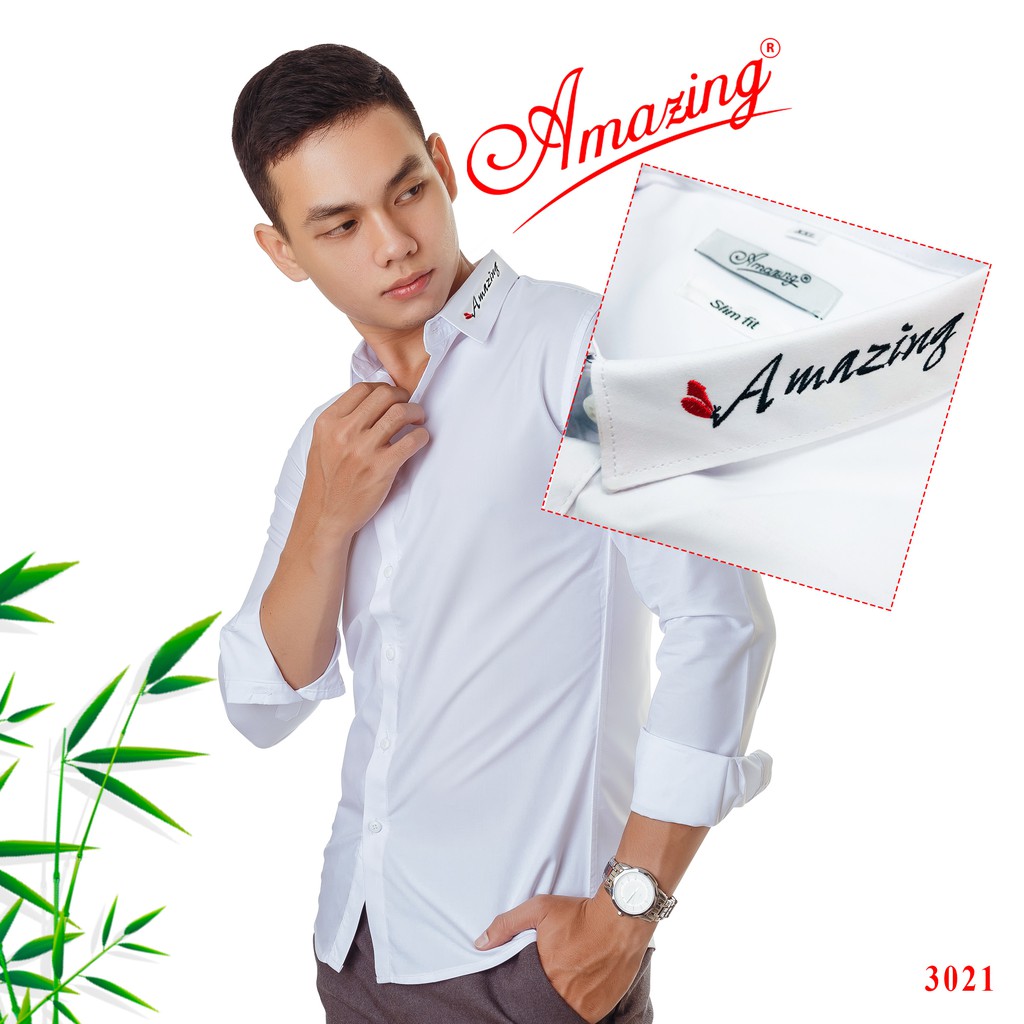 Áo sơ mi nam form body slim fit, màu trắng thêu sắc sảo, siêu phẩm vải sợi tre mềm mịn mát, thương hiệu Amazing, bigsize