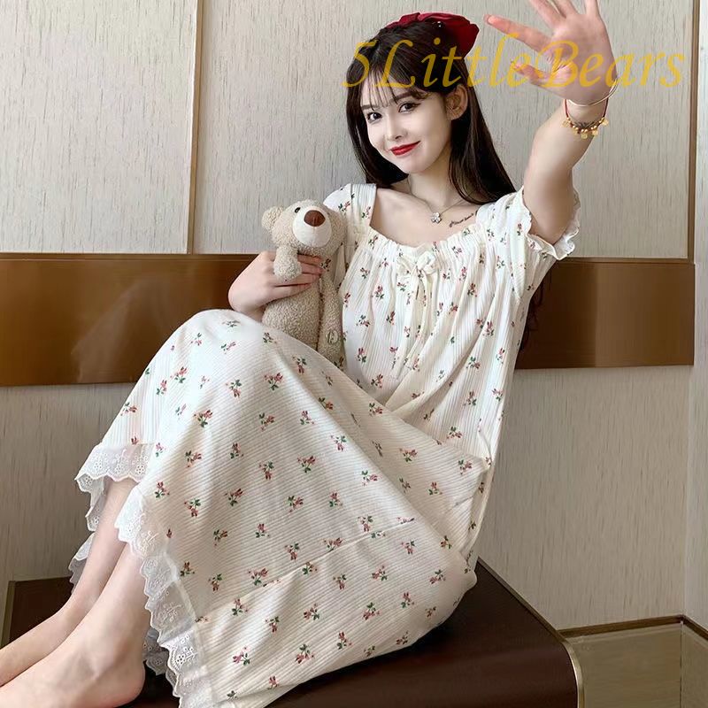 Đầm ngủ tay ngắn dáng rộng in họa tiết hoa dễ thương thời trang mùa hè 2022 dành cho nữ