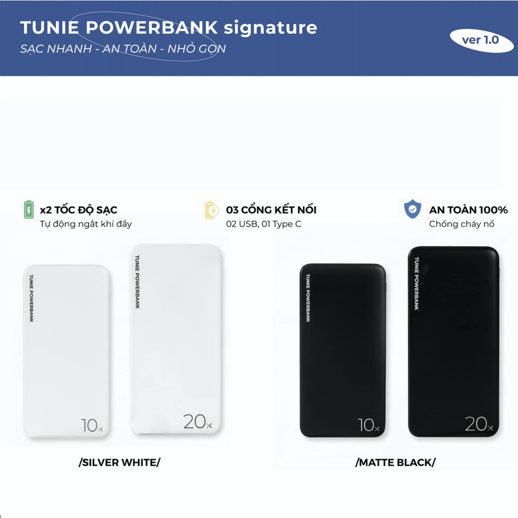 Sạc Dự Phòng Tunie Signature 10000mAh20000mAh Hỗ Trợ Sạc Nhanh, 3 Cổng