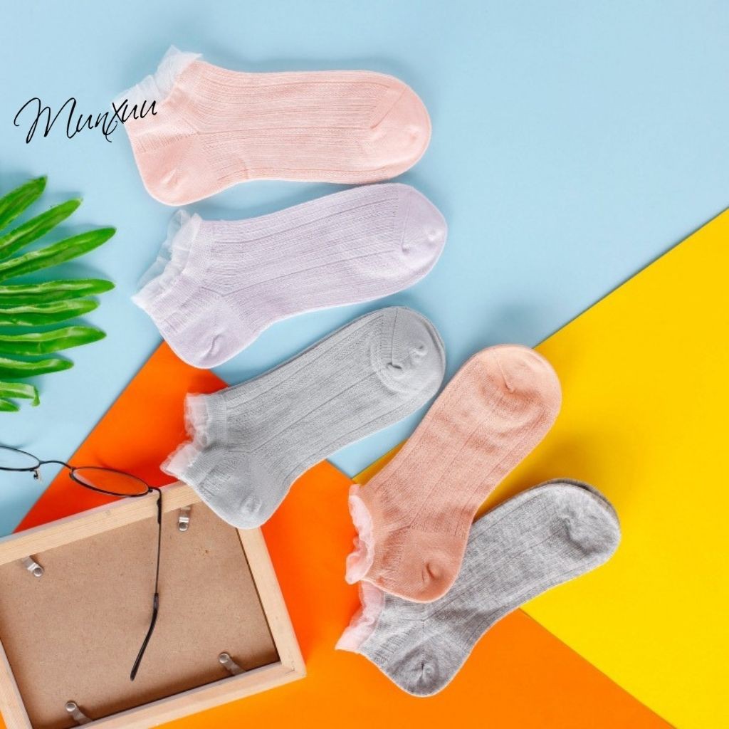 Tất nữ cổ ngắn phối viền bèo tiểu thư chất Cotton co dãn - MUNXUU T06