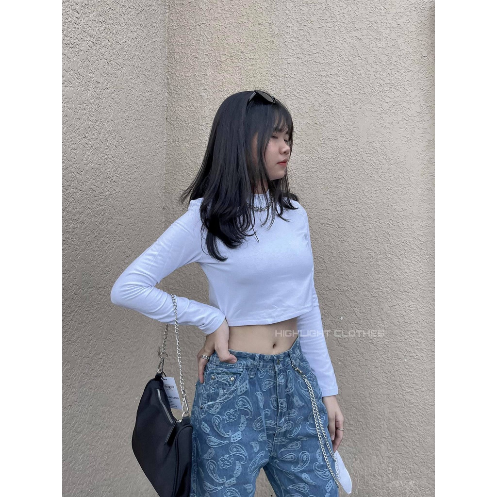 ÁO CROPTOP TAY DÀI THUN TRƠN CỔ ĐỨNG NỮ