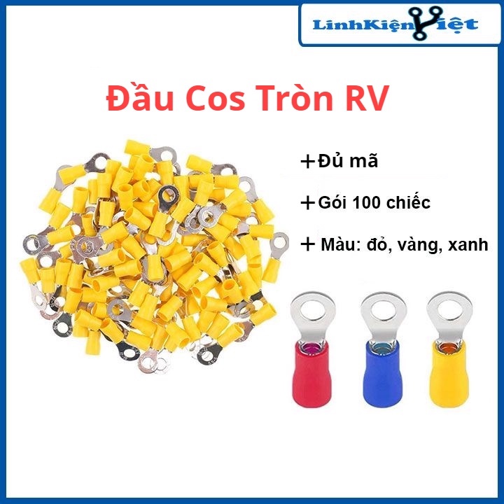 Gói 100 chiếc đầu cos tròn RV đủ mã RV1.25, RV2, RV3, RV5 màu đỏ, vàng, xanh dương tùy chọn