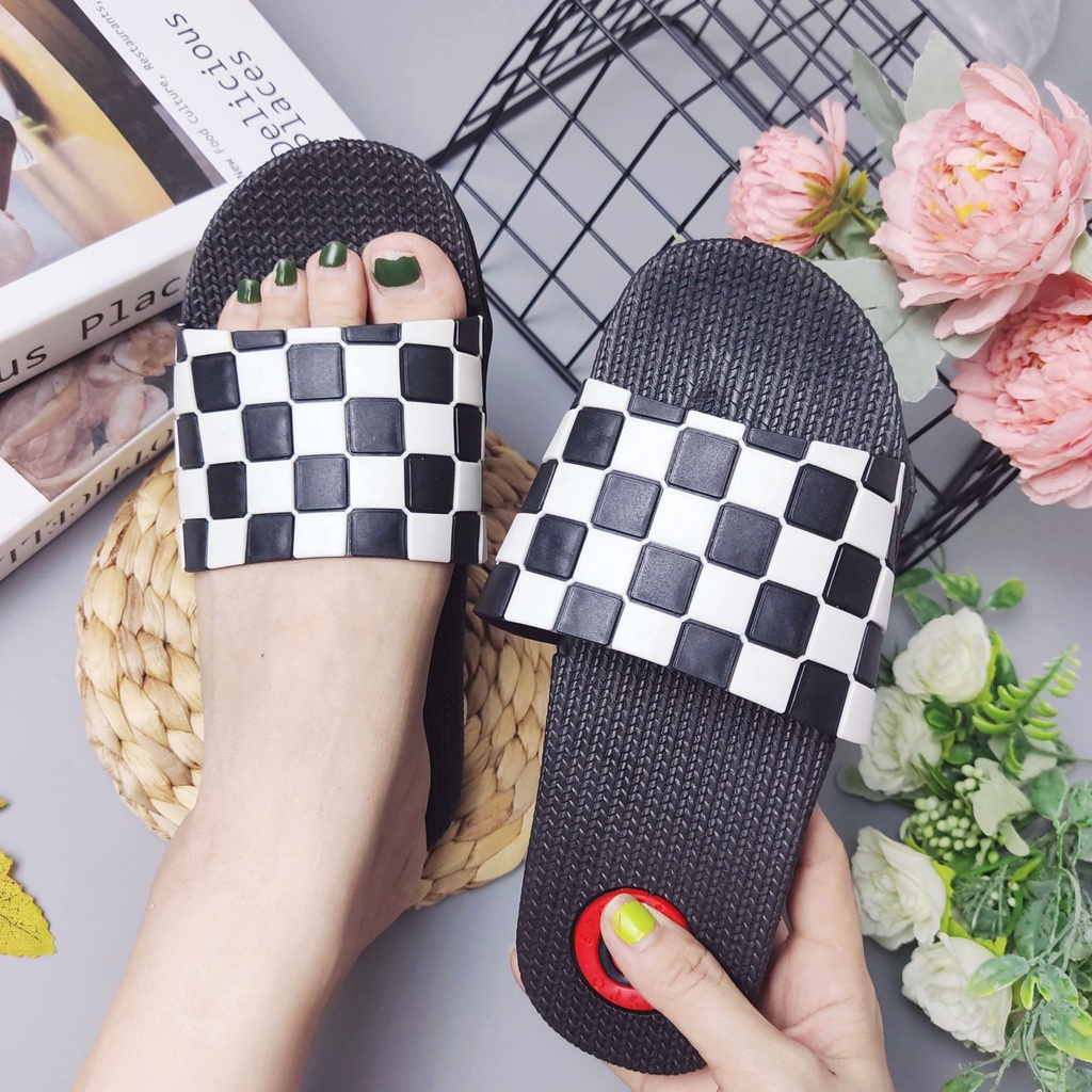 combo Dép nữ đế bánh mì, dép quai ngang kẻ caro chất liệu cao su non siêu êm thơm (ảnh thật)