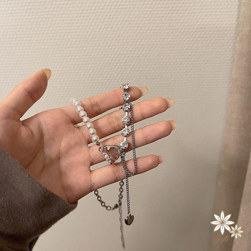 【Kifli】Vòng cổ trái tim ngọc trai Hàn Quốc cho phụ nữ Vòng cổ Choker bạc Phụ kiện Trang sức