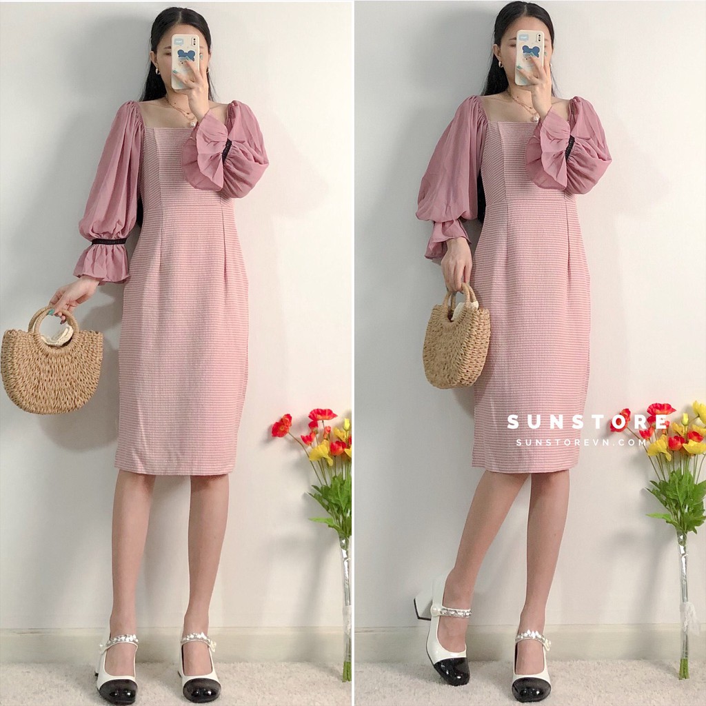 Đầm dự tiệc dáng dài midi váy bút chì tay lỡ hoạ tiết caro nhí dễ thương