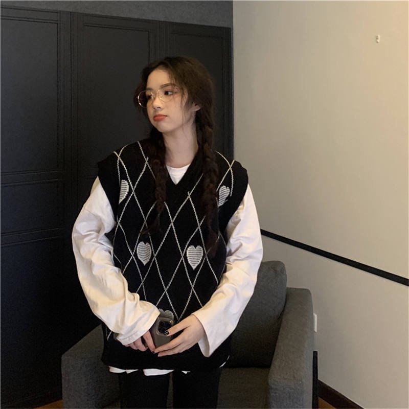 MỚI Áo sweater không tay cổ chữ v dáng rộng phong cách retro dành cho nữ