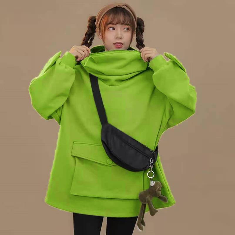 Áo hoodie nỉ chui đầu phối khóa kéo dáng rộng cỡ lớn hình ếch có túi to giữ ấm mùa đông cho tuổi teen