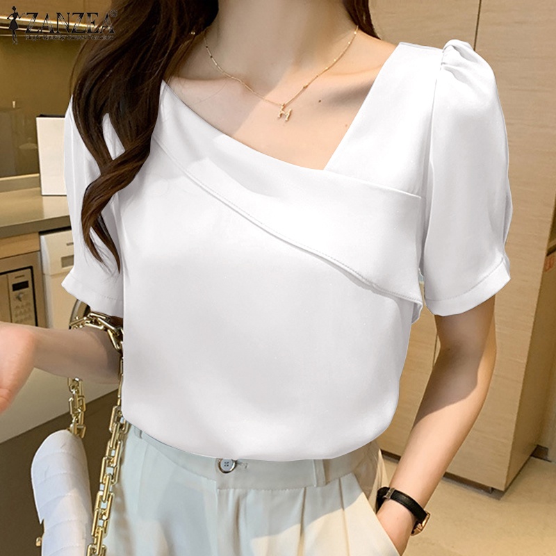 Áo sơ mi ZANZEA satin tay ngắn cổ chữ V phong cách Hàn Quốc xinh xắn dành cho nữ