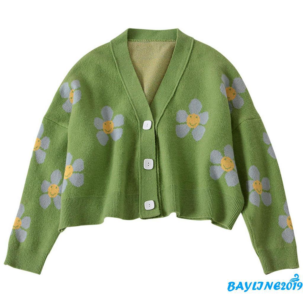 Áo khoác len cardigan tay dài cổ chữ V họa tiết hoa cho nữ