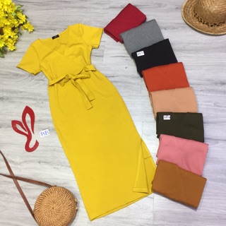 Đầm thun cổ đắp chéo cột eo