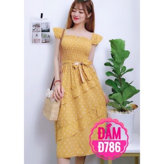 Đầm voan chấm bi tầng xéo nơ