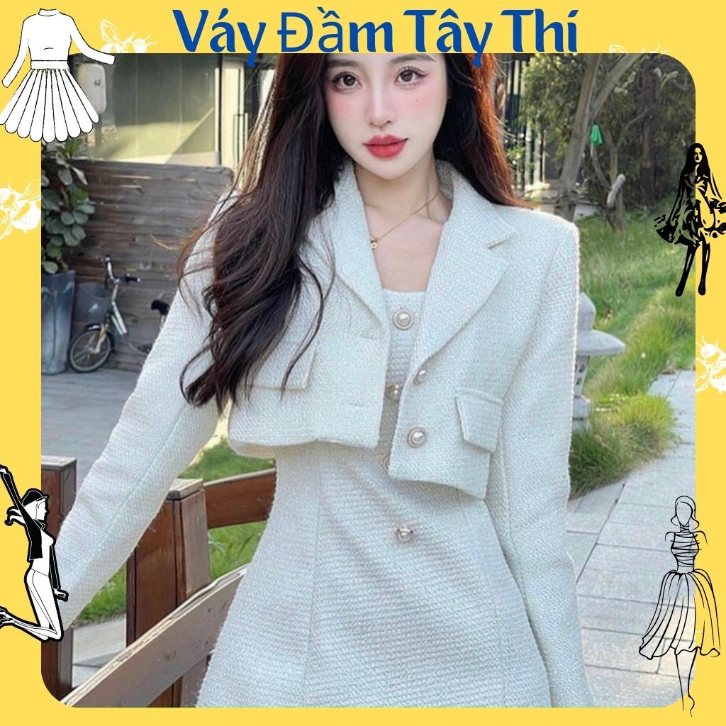 Set đầm áo khoác, đầm nữ 2 dây kèm áo khoác croptop đính nút phong cách trẻ trung hiện đại hàng cao cấp Tây Thi Shop