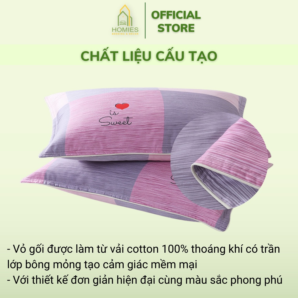 Vỏ Gối Đầu HOMIES Bedding & Décor Vải Cotton Hàn Quốc Mát Lạnh Không Bai Xù - Kích Thước 45cm x 65cm