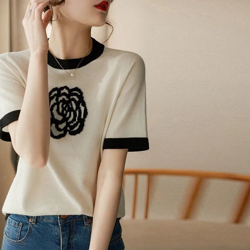 Áo IELGY dệt kim tay ngắn cổ tròn in hình phong cách thanh lịch thời trang cho nữ