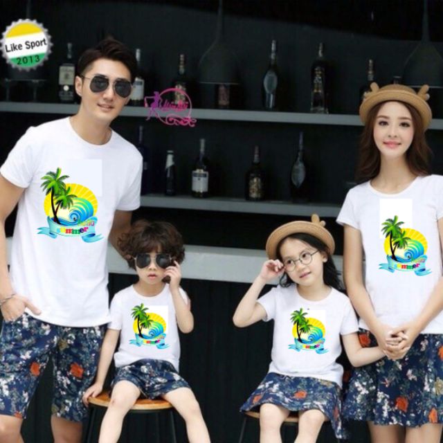 Áo gia đình đi biển đồng phục 3/4/5 người hội nhóm du lịch thun cotton mềm mịn màu trắng
