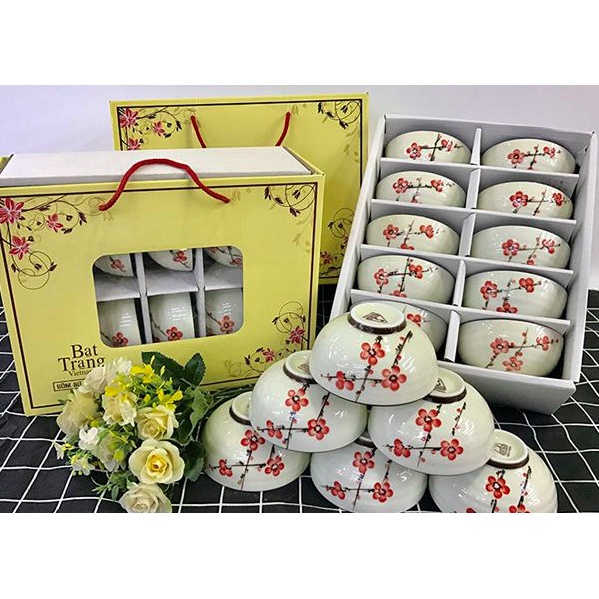 Set 10 bát ăn cơm men kem vẽ hoa đào đỏ