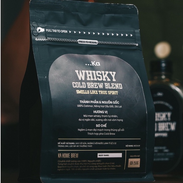 Cà phê rang xay nguyên chất WHI$KY Cold brew, Cà phê Arabica Cầu Đất ủ men đại mạch hương Whi$ky gói 250g - KaHomebrew