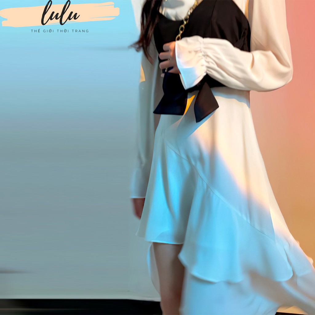 [Hàng Cao Cấp Loại 1] Set Váy Trắng Cổ Vuông Và Yếm Đen Xẻ Chân Có Tầng Chất Liệu Đũi Mát | BigBuy360 - bigbuy360.vn