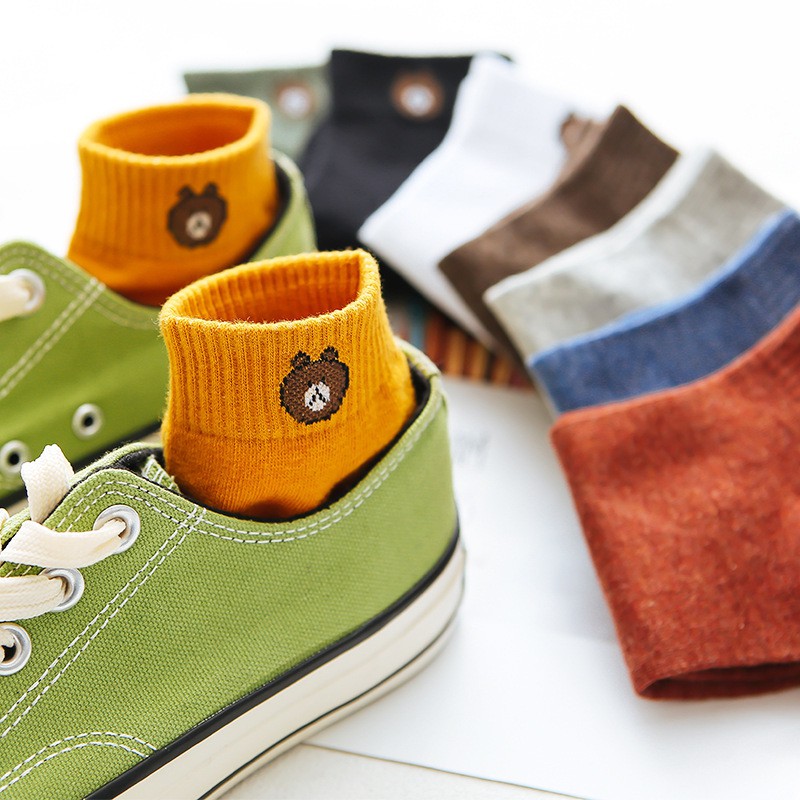 Tất cotton AOWEINISI cổ cao thoáng khí in hình gấu hoạt hình 10 màu