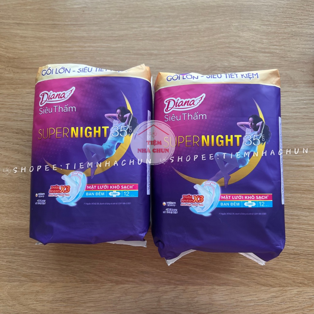 Gói 12 Miếng Băng Vệ Sinh Diana Super Night Siêu Thấm Có Cánh siêu tiết kiệm HÀNG CHÍNH HÃNG