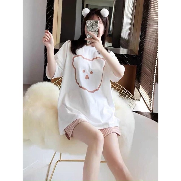 Set bộ ,Áo thun nữ giá rẻ form rộng,tay ngắn in hình gấu tặng quần kẻ caro Nhungkudo