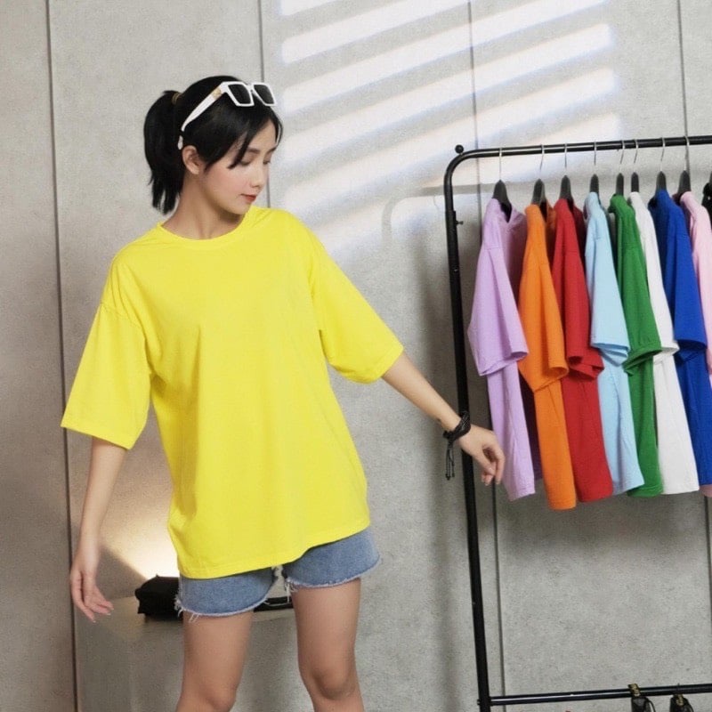 Áo phông thun trơn cổ tròn tay lỡ nam nữ Oversize