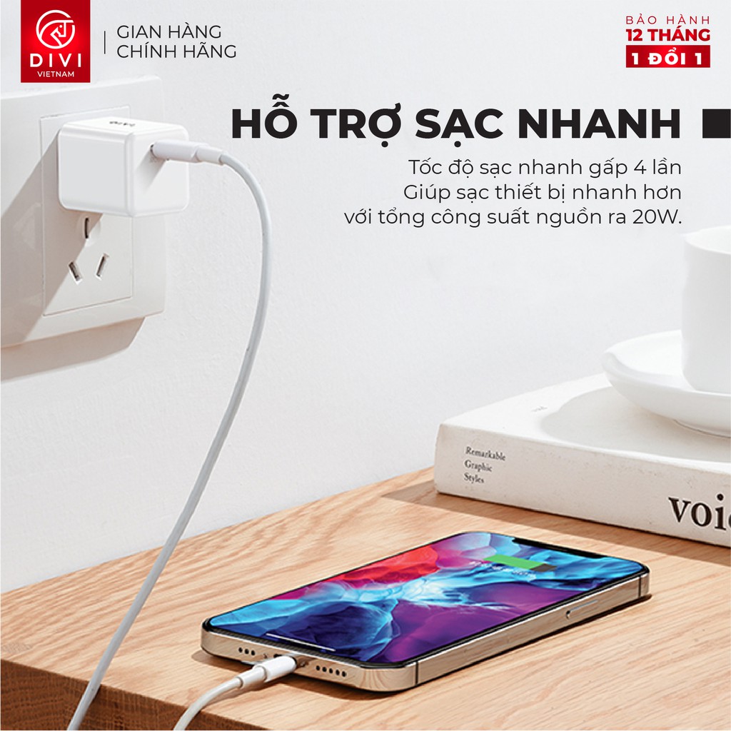 Củ sạc nhanh DIVI P2230 Sạc nhanh PD, QC 3.0 Công suất 20W Cổng sạc Type C - Hãng phân phối chính thức 1 đổi 1