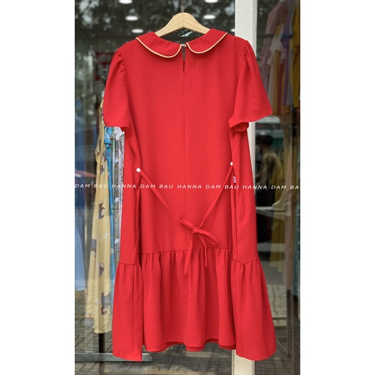 [HANNA] Đầm bầu công sở đũi mát mùa hè mềm không nhăn có size 80kg đuôi cá cổ lá sen dễ thương dài qua gối có túi