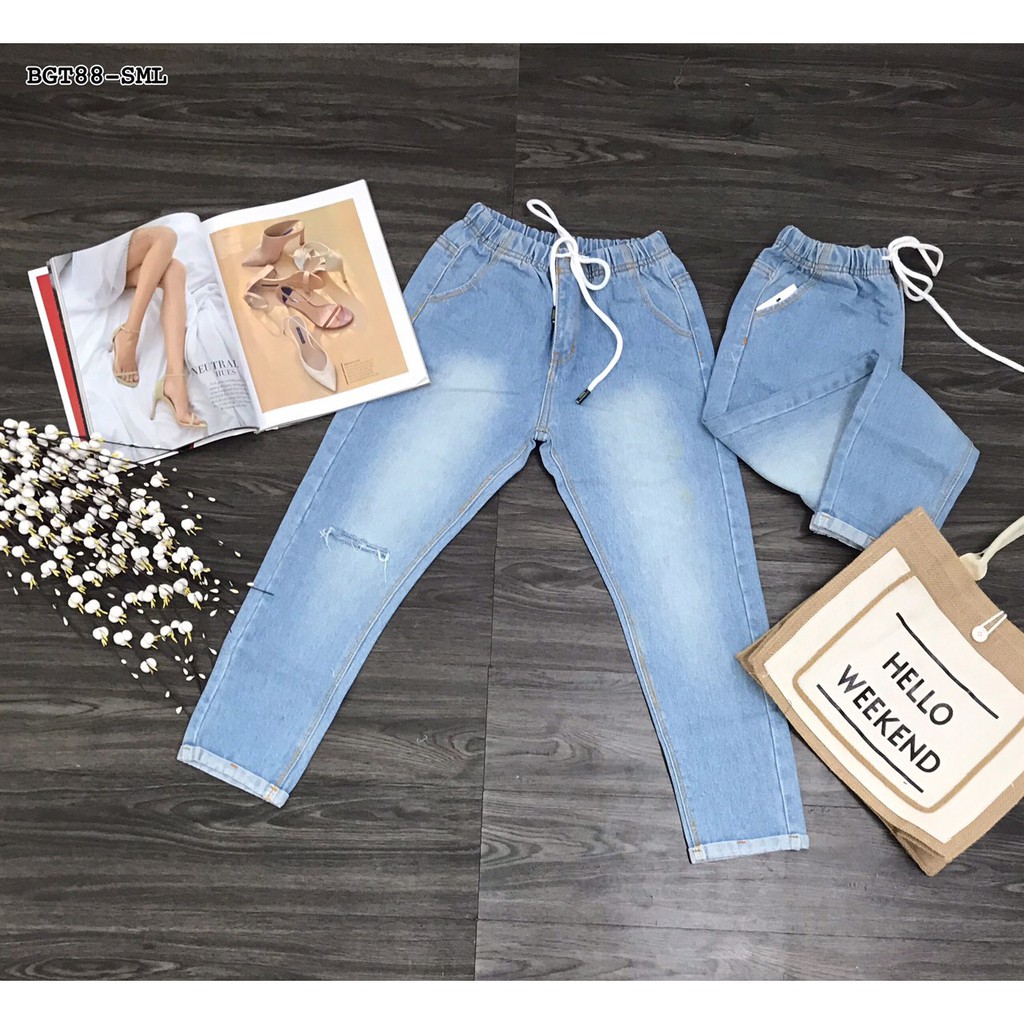 Quần Baggy Jeans Lưng Thun - Rách và Có dây cột