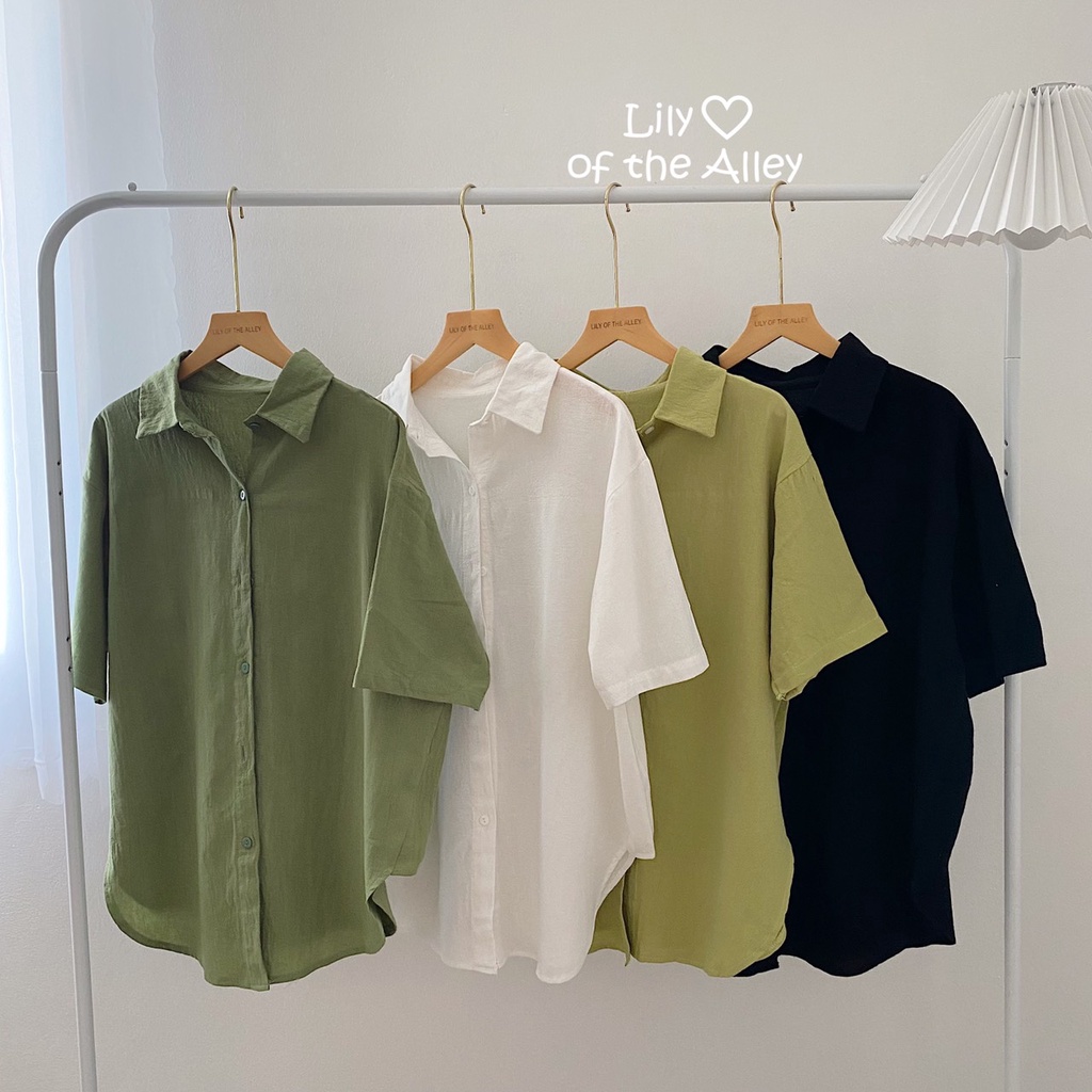 Áo sơ mi thô đũi trơn cộc tay Lily