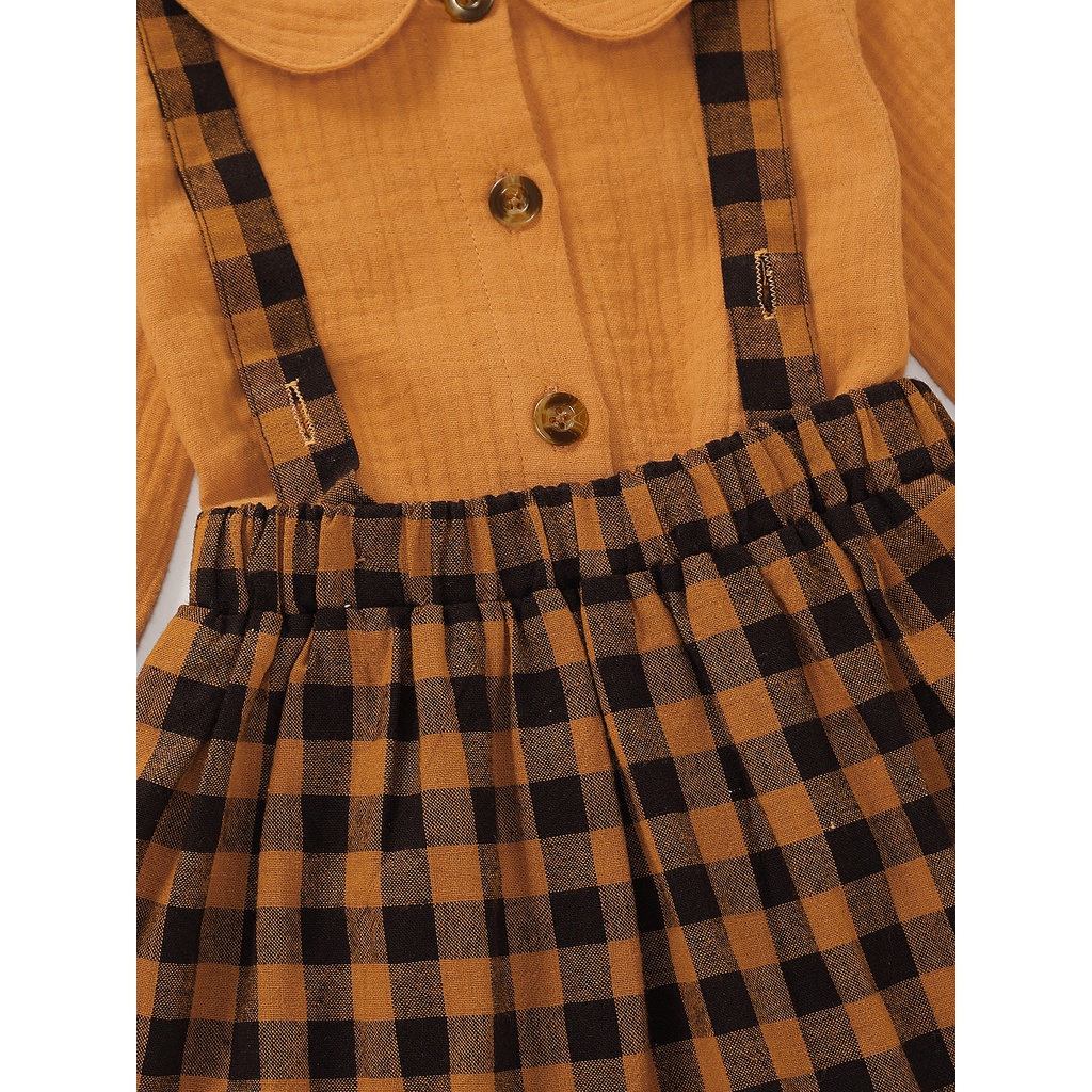 Set 2 món MIKRDOO gồm áo sơ mi dài tay cổ peter pan và chân váy yếm cotton sọc caro cho bé gái sơ sinh