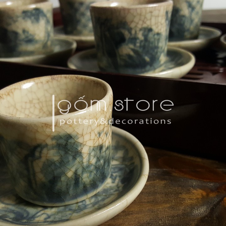 Ấm trà dáng tích Bát Tràng men giả cổ chén tống vẽ sơn thủy