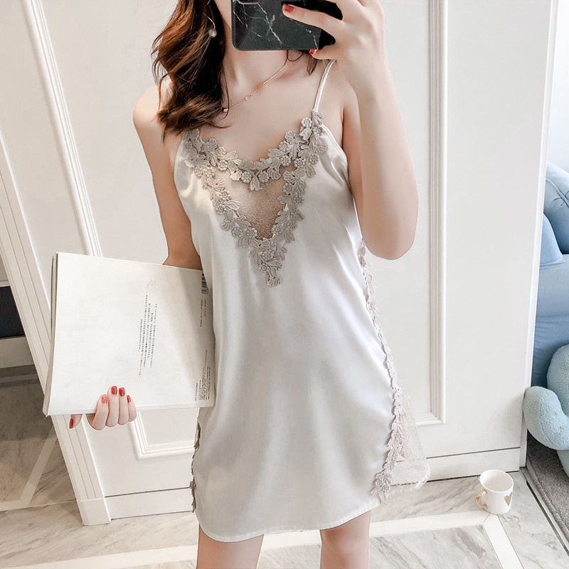 Đầm ngủ sexy 2 dây lụa phối ren ngực họa tiết trái tim dễ thương váy mặc nhà xẻ tà đùi gợi cảm đáng yêu BIKI HOUSE N151