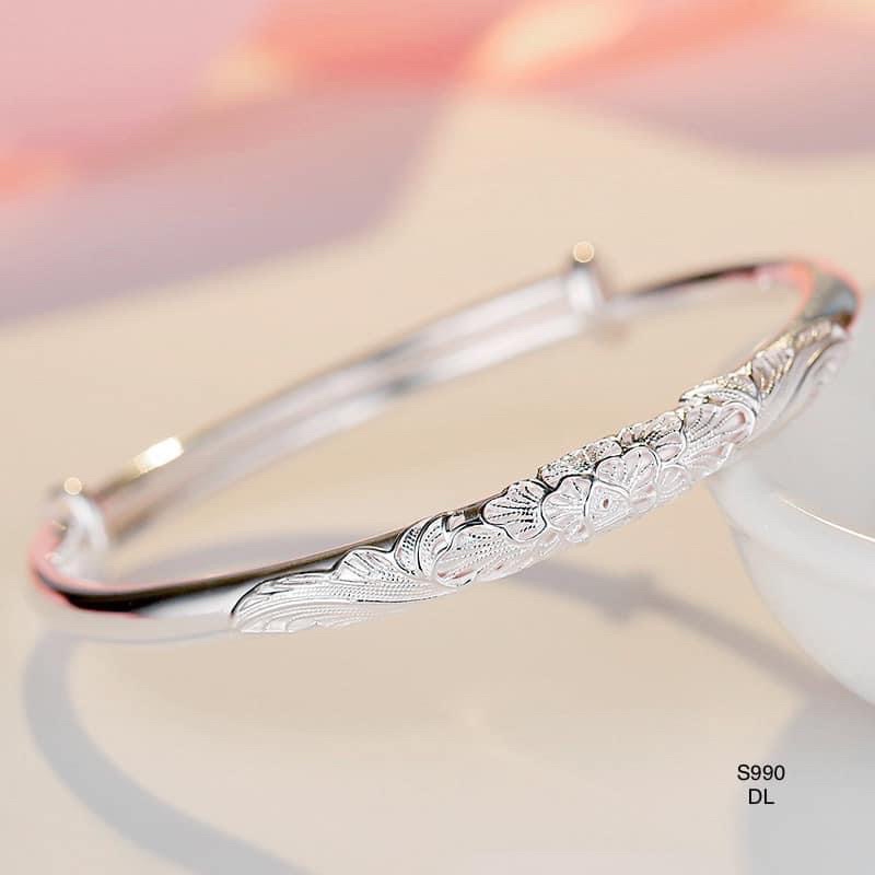 Vòng tay nữ Chạm hoa Sen Cao cấp hàng đặc dày dặn gia công thủ công, hoa văn rõ nét Mainomi Shop Bạc Xinh