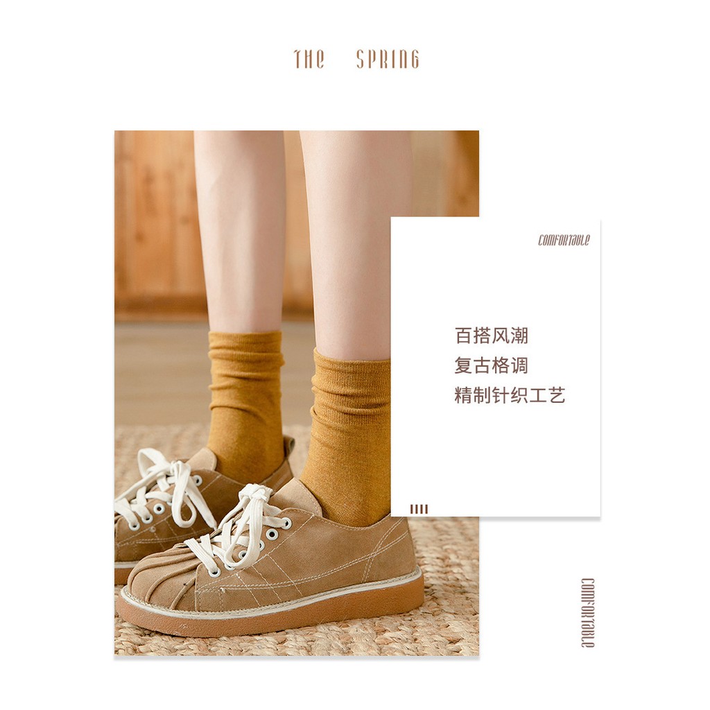 Tất vớ nữ tất nhún cao cổ trơn cotton cao cấp gân vintage nhiều màu kháng khuẩn chuẩn xuất nhật