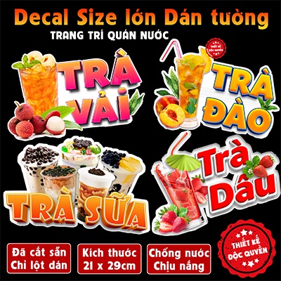 Decal trang trí quán nước hình ly Trà sữa trà dâu, sinh tố, cà phê,rau má