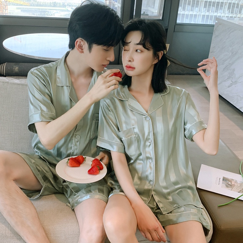 Đồ Ngủ Satin Lụa Màu Xanh xám 💫 Đồ Đôi Mặc Nhà Ngắn Dài Nam Nữ 💫 IVY614G
