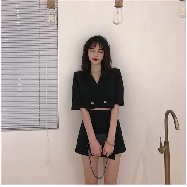 🖤🖤Set Áo Croptop Cổ Vest + Quần Giả Váy Vạt Chéo😘😘