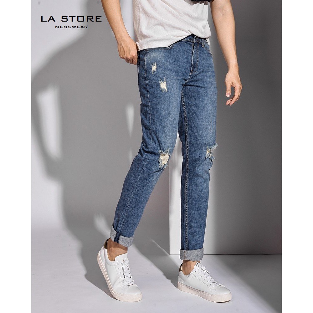 Quần jeans ROUTINE - Quần jean nam màu xanh đậm rách vải mềm đẹp slim fit - DPA048 Shop LASTORE