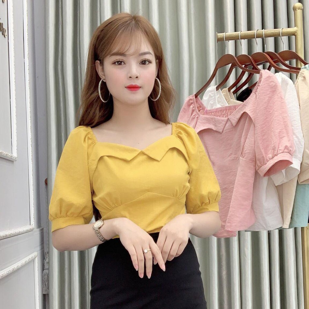 Áo sơ mi nữ công sở ngắn tay thiết kế trễ vai - 5 Màu Trắng, Hồng, Be, Vàng, Đen  - A24 - Thời Trang Nữ Hanlly Fashion | BigBuy360 - bigbuy360.vn