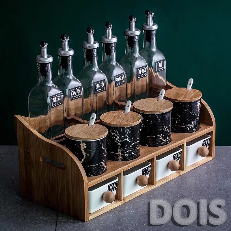 Full Bộ Kệ gỗ, Chai thủy tinh và Hũ đựng gia vị (mắm, muối, dầu ăn, mì chính....) cao cấp / DOIS