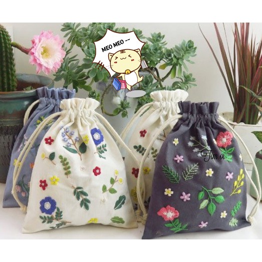 Bộ kit nguyên liệu túi thêu dây rút / Tote hoa lá vintage tự thêu đầy đủ handmade decor nhà cửa MIE Handmade