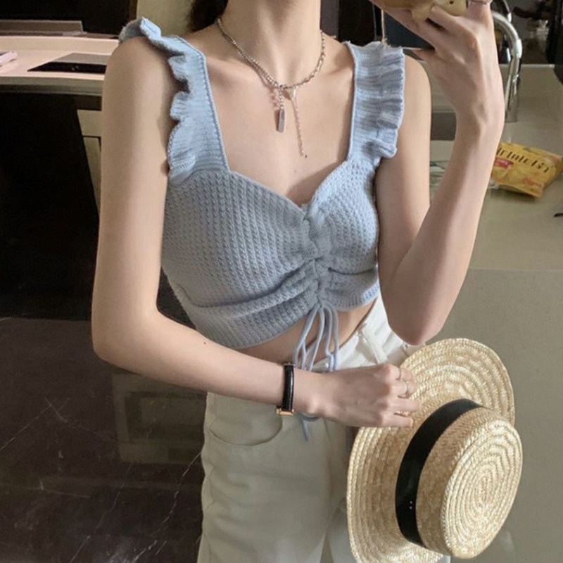 Áo Vest Dệt Kim Màu Trơn 185245 Áo Hai Dây Rút Dây Dáng Ngắn Quyến Rũ Hợp Thời Trang