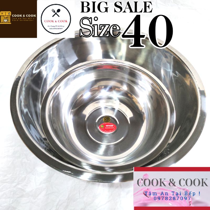 Thau inox 304 Vietcook ft Cook size 40 cm, chậu inox đa năng rửa mặt, làm bánh, trộn thực phẩm, spa...cao cấp inox 304