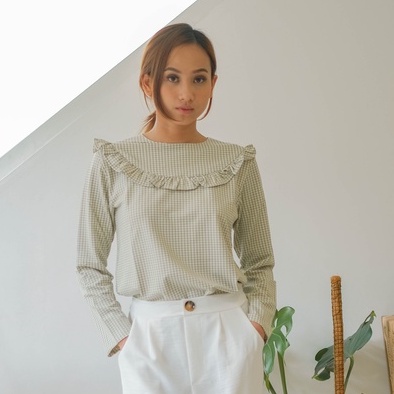 Asiro Jessica Kẻ Caro Áo Blouse Màu Xanh Lá Cây