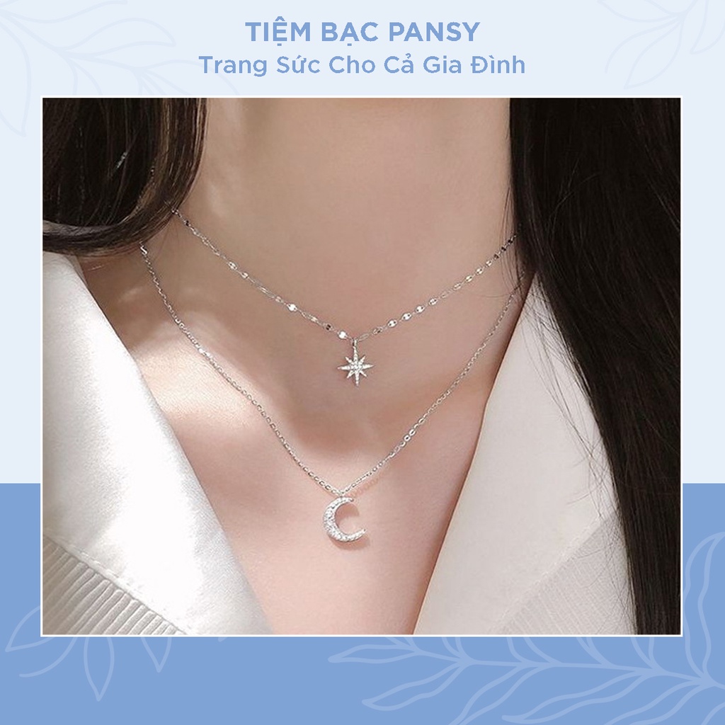 Dây chuyền bạc dây đôi PANSY mặt ngôi sao và mặt trăng, vòng cổ nữ sang trọng nữ tính bằng bạc ta